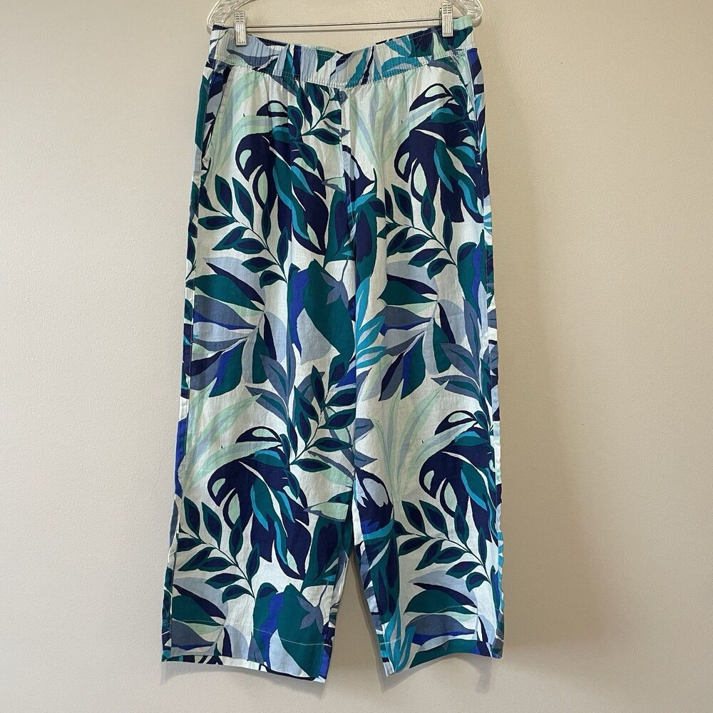 C&C California Women's 100% Linen Wide Leg Pants XL Blue Floral Beach Vacation